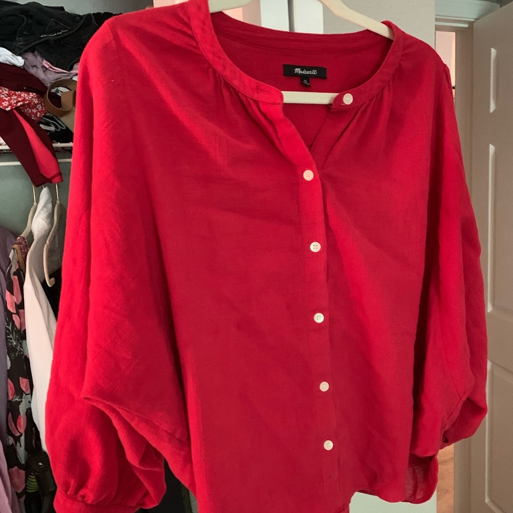 Red button down loose top